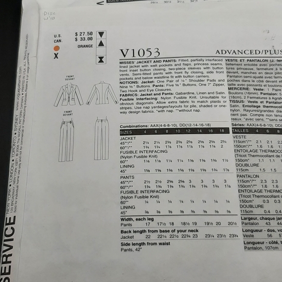 Vogue Paris Original Sewing Pattern V1053 Montana Suit Size 4-10 Uncut - Picture 4 of 5